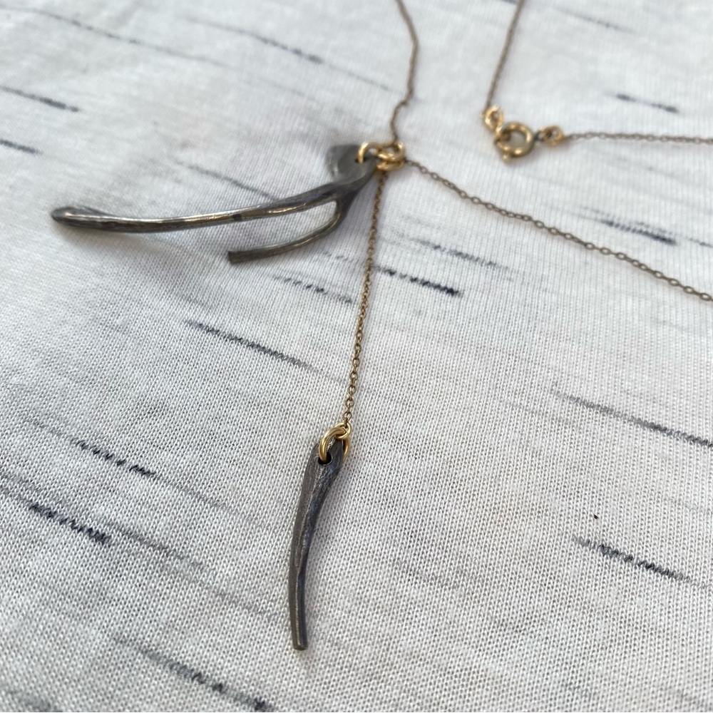 NWOT Asymmetrical Wishbone Lariat Gold Plated & Pewter Artisan Necklace - Picture 7 of 8